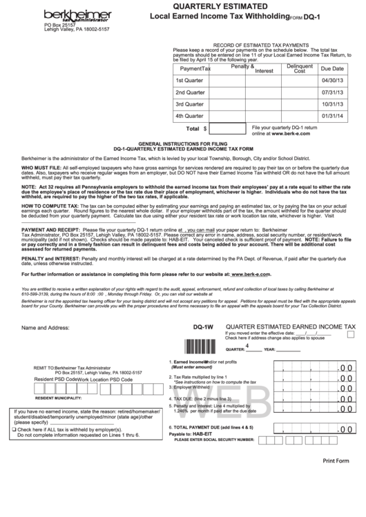 Fillable Form Dq 1 Local Earned Income Tax Withholding Quarterly 