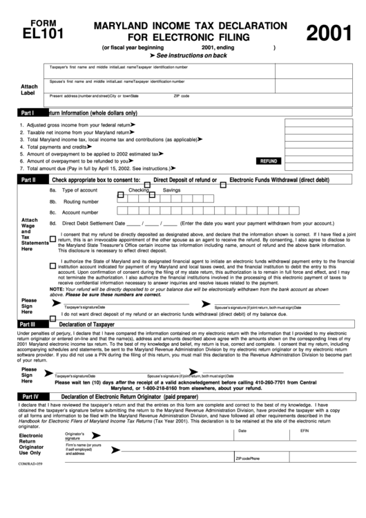 Fillable Form El101 Maryland Income Tax Declaration For Electronic 