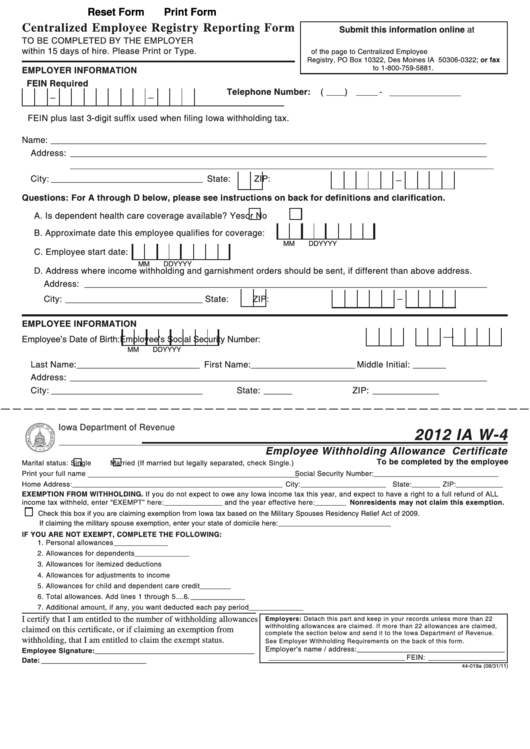 Fillable Form Ia W 4 Centralized Employee Registry Reporting Form 