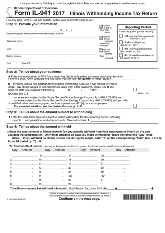 Fillable Form Il 941 Illinois Withholding Income Tax Return 2017 