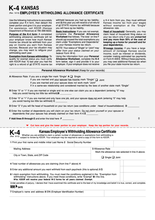 Fillable Form K 4 Kansas Employee S Withholding Allowance Certificate 