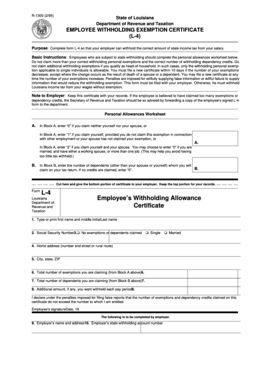 Fillable Form L 4 Employee S Withholding Allowance Certificate