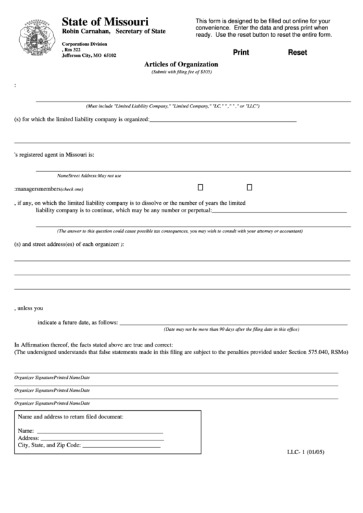 Fillable Form Llc 1 Articles Of Organization Form Secretary Of 