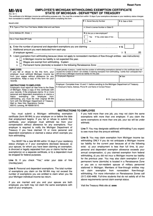 Fillable Form Mi W4 Emploee S Michigan Withholding Exemption 