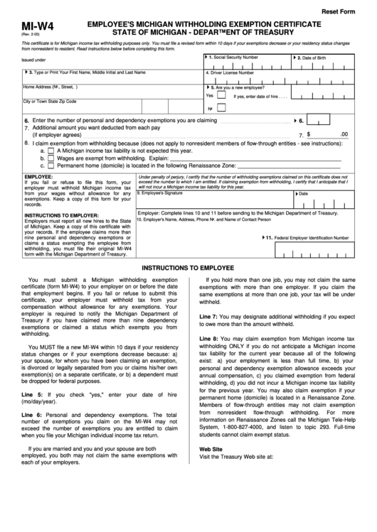 Fillable Form Mi W4 Employee S Michigan Withholding Exemption 