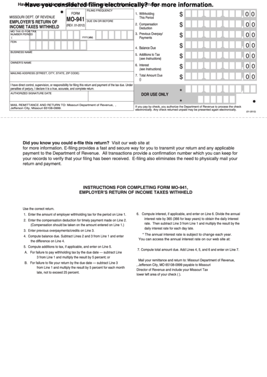 Fillable Form Mo 941 Employer S Return Of Income Taxes Withheld 