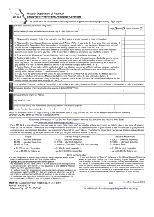 Fillable Form Mo W 4 Employee S Withholding Allowance Certificate