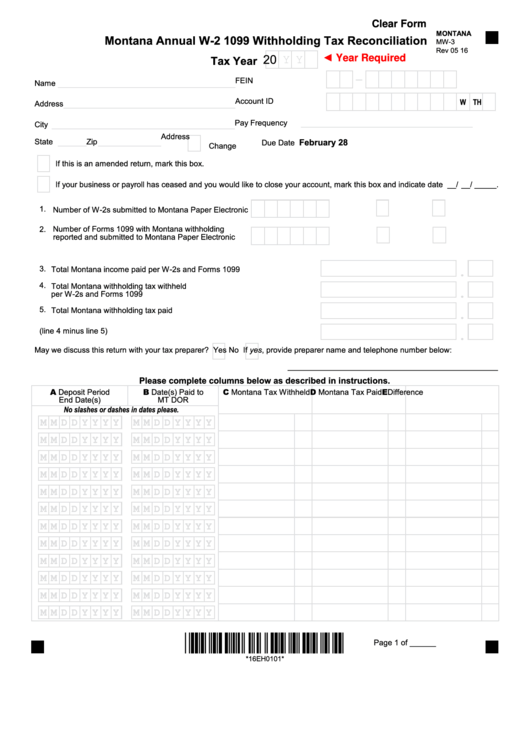 Fillable Form Mw 3 Montana Annual W 2 1099 Withholding Tax 