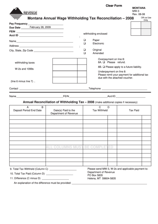 Fillable Form Mw 3 Montana Annual Wage Withholding Tax Reconciliation 