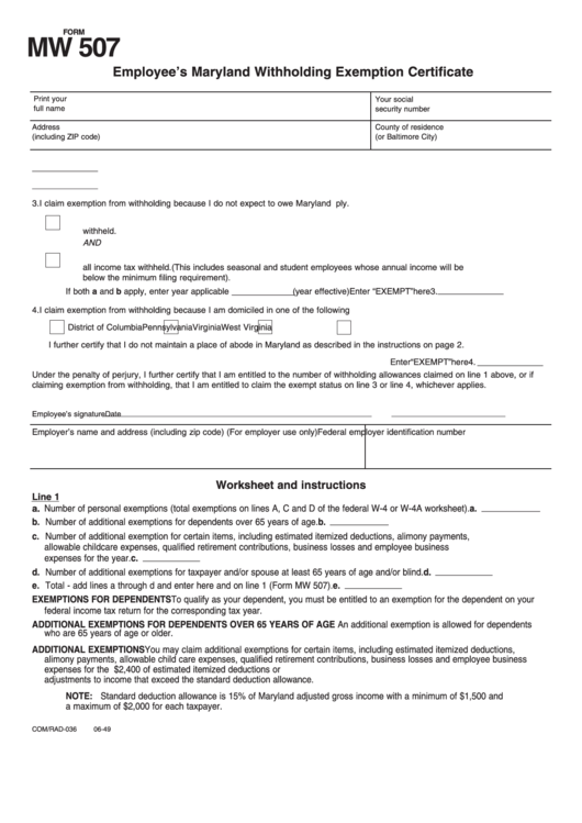 Fillable Form Mw 507 Employee S Maryland Withholding Exemption