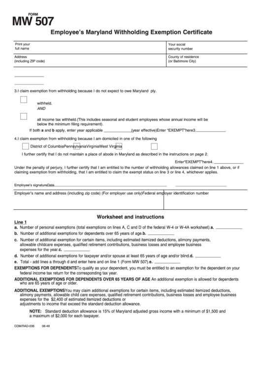 Fillable Form Mw 507 Employee S Maryland Withholding Exemption 
