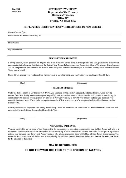 Fillable Form Nj 165 Employee S Certificate Of Nonresidence In New 