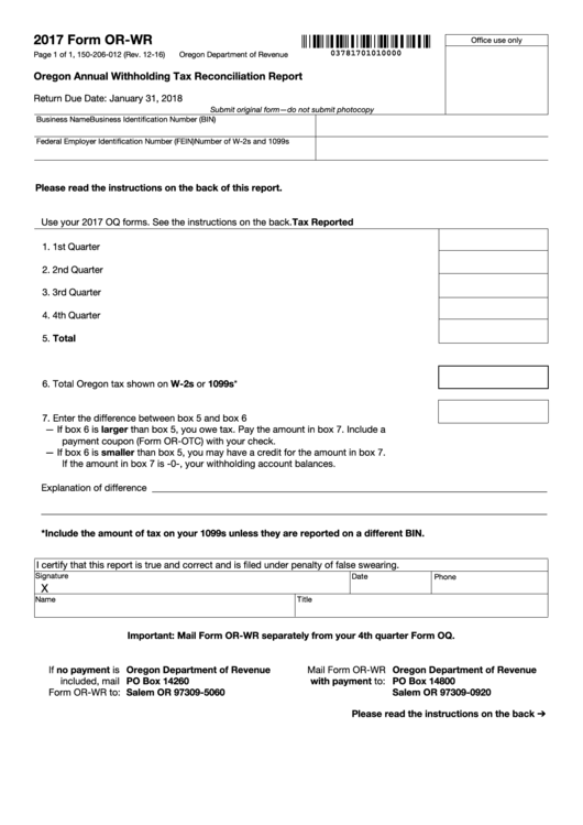 Form Wr Oregon Annual Withholding Tax Reconciliation Report 2022