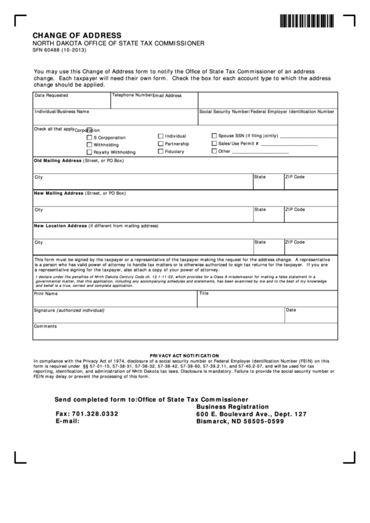 Fillable Form Sfn 60488 Change Of Address North Dakota Office Of 