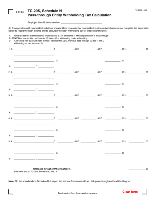 Fillable Form Tc 20s Schedule N Pass Through Entity Withholding Tax 