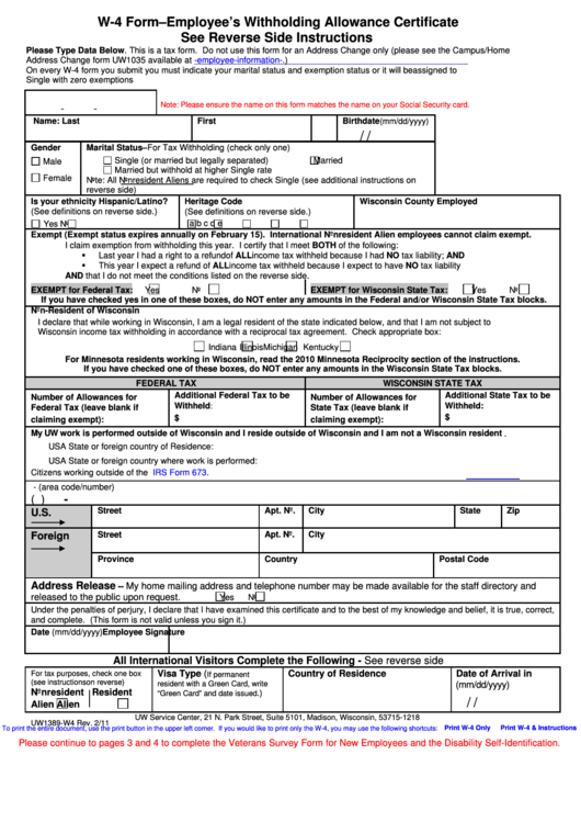Fillable Form W 4 Employee S Withholding Allowance Certificate