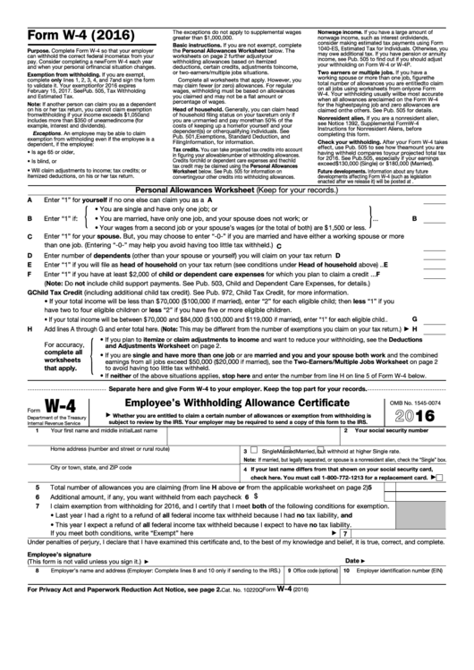 Fillable Form W 4 Employee S Withholding Allowance Certificate 2016 