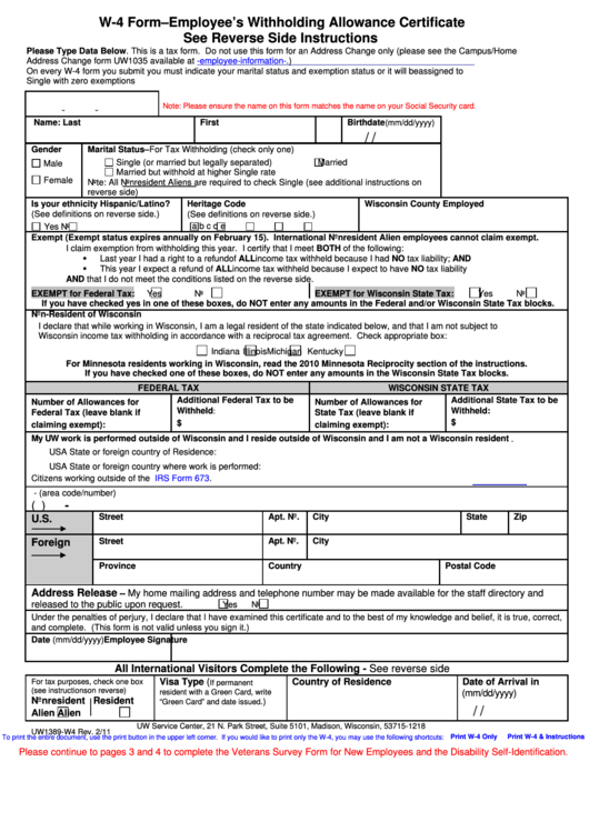 Fillable Form W 4 Employee S Withholding Allowance Certificate 