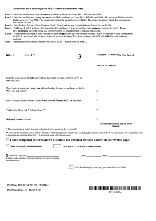 Fillable Form Wh 3 Breakdown Of Indiana County Tax Withheld Printable