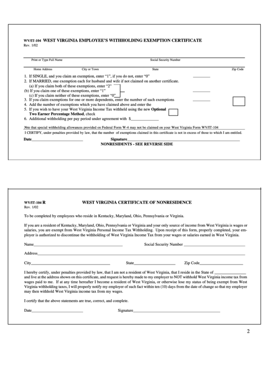 Fillable Form Wv it 104 West Virginia Employee S Withholding