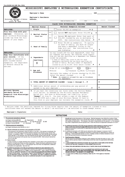 Fillable Mississippi Employees Withholding Certificate Printable Pdf 