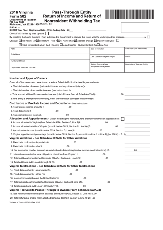 Fillable Virginia Form 502 Pass Through Entity Return Of Income And 