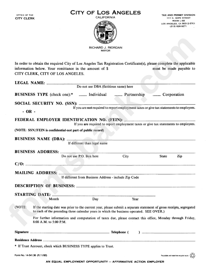 Form 14 541 36 Tax Registration Certificate Application City Of Los 