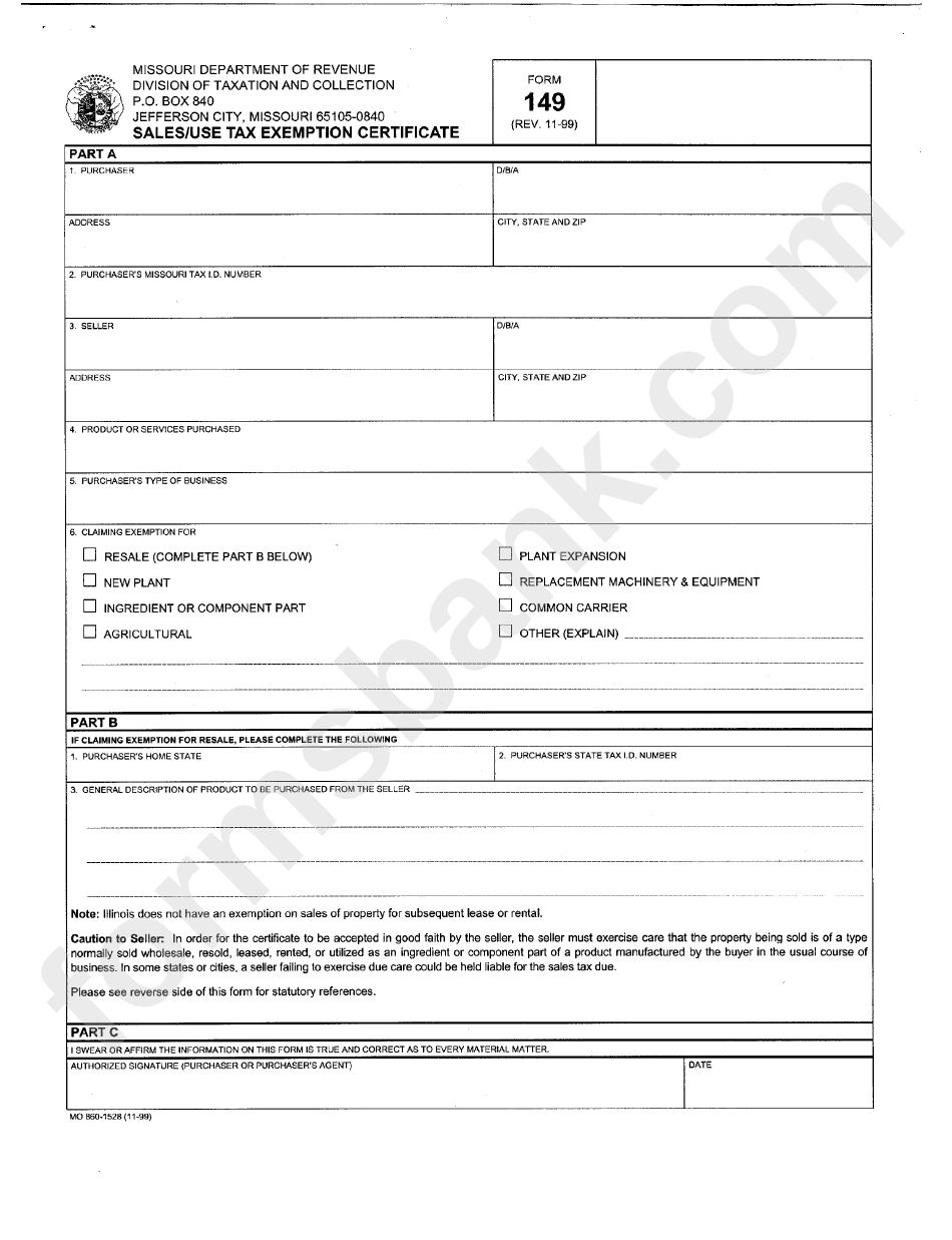 Form 149 Sales use Tax Exemption Certificate Missouri Department Of 