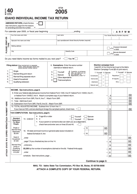 Form 40 Idaho Individual Income Tax Return 2005 Printable Pdf Download