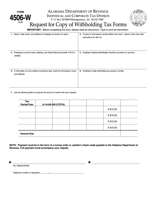 Form 4506 W Request For Copy Of Withholding Tax Forms Printable Pdf 