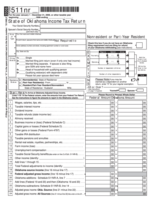 Form 511nr State Of Oklahoma Income Tax Return 2006 Printable Pdf 