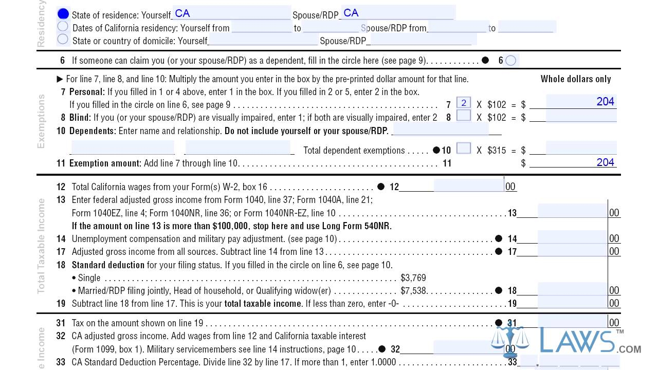 Form 540NR California Nonresident Or Part Year Resident Income Tax 