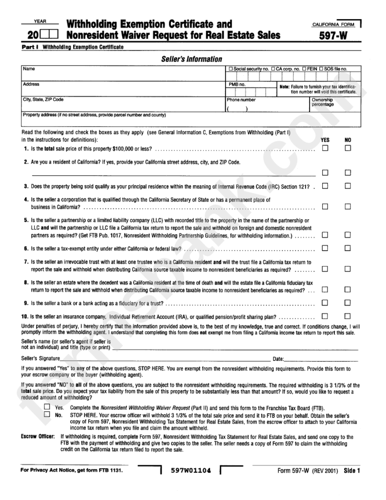 Form 697 W Withholding Exemption Certificate And Nonresident Waiver 