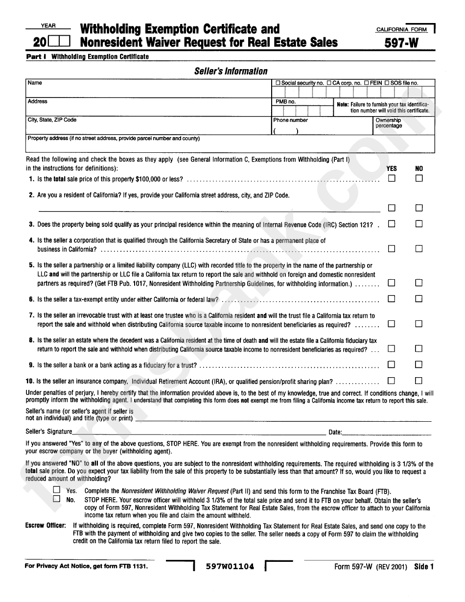 California Franchise Tax Board Form For Withholding Certificate For