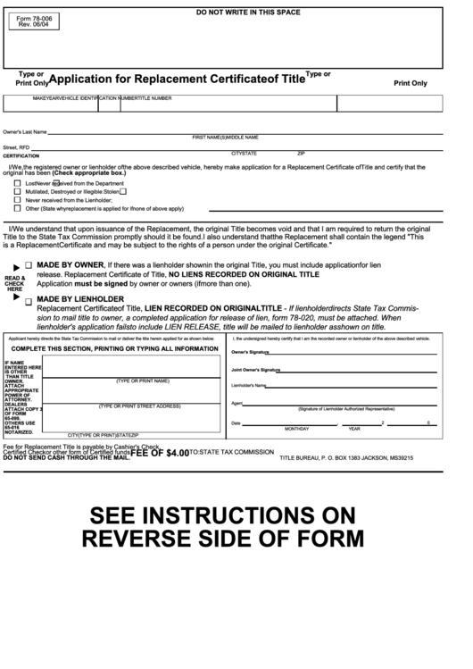 Form 78 006 Application For Replacement Certificate Of Title 