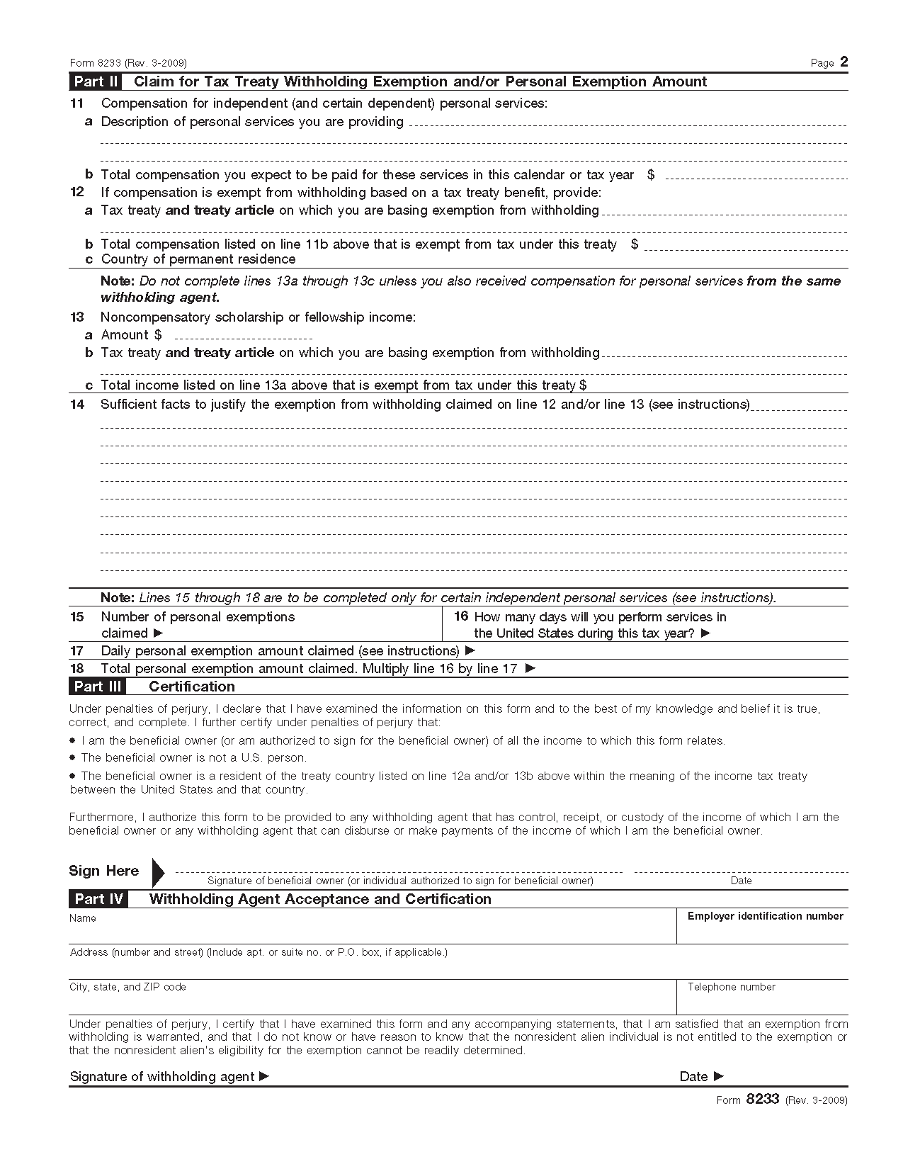 Form 8233 Exemption From Withholding On Compensation For Independent 