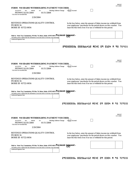Form 910 Idaho Withholding Payment Voucher 2004 Printable Pdf Download