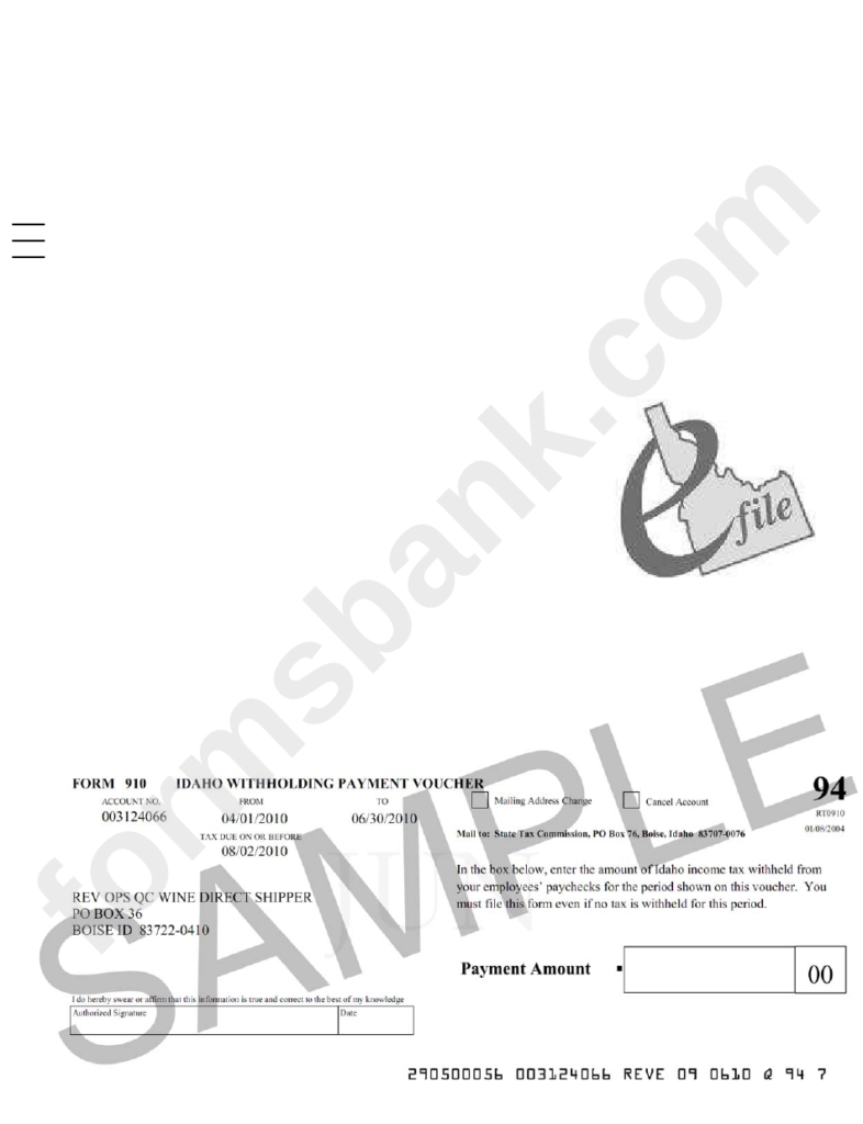 Form 910 Idaho Withholding Payment Voucher Printable Pdf Download