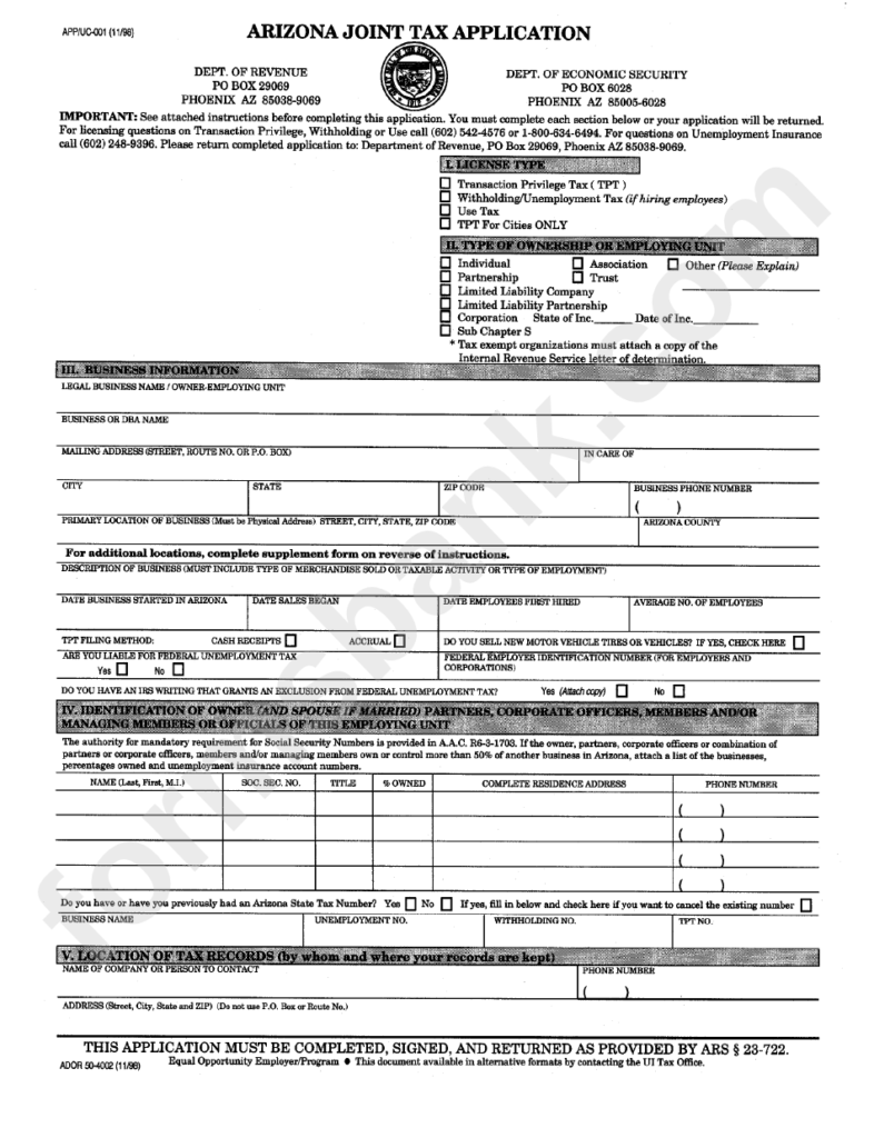 Form Ador 50 4002 Arizona Joint Tax Application Printable Pdf Download