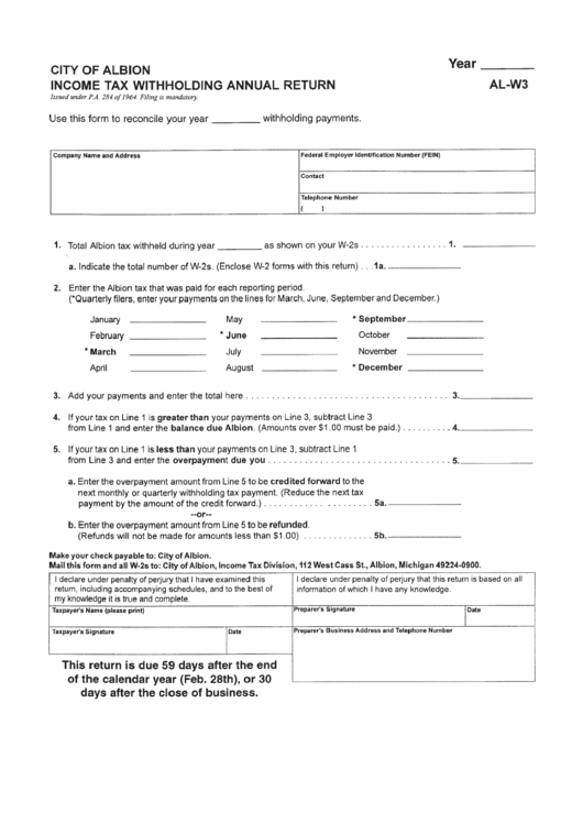 Form Al W3 Income Tax Withholding Annual Return Printable Pdf Download