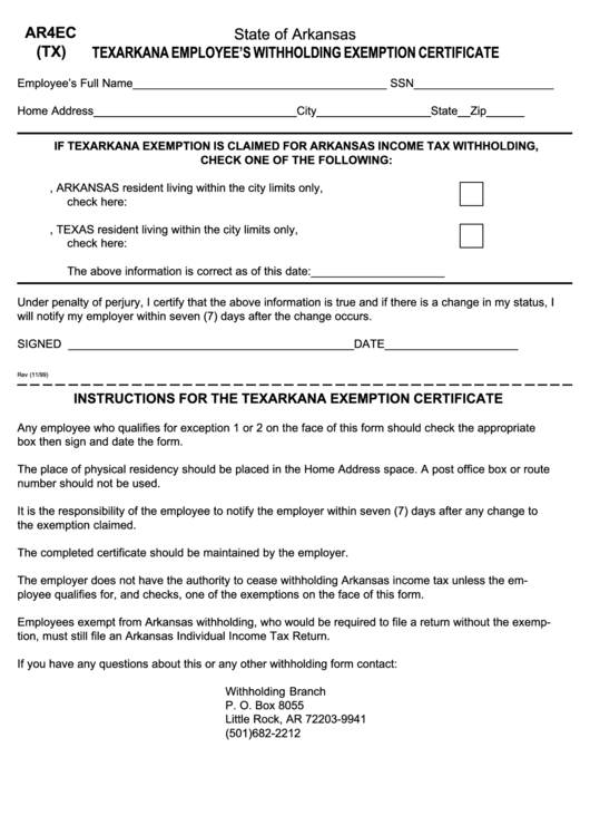 Form Ar4ec Tx Texarkana Employee S Withholding Exemption