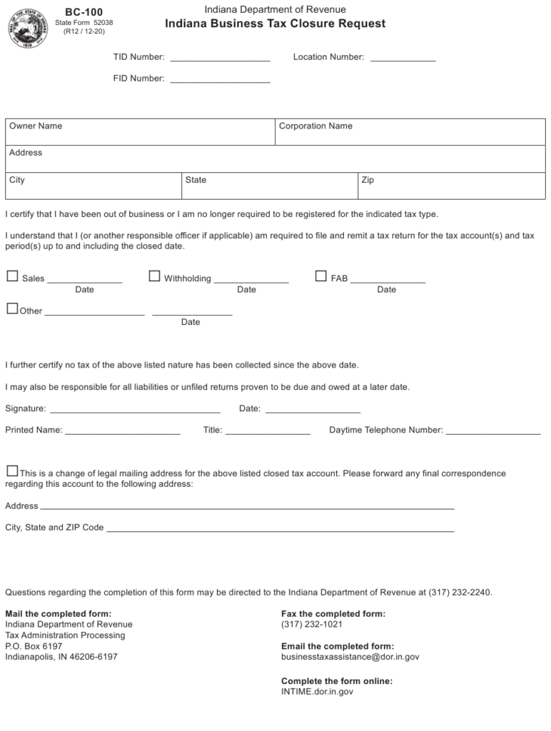 Form BC 100 State Form 52038 Download Fillable PDF Or Fill Online 