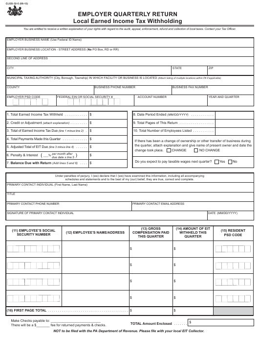 Form CLGS 32 5 Download Fillable PDF Or Fill Online Employer Quarterly