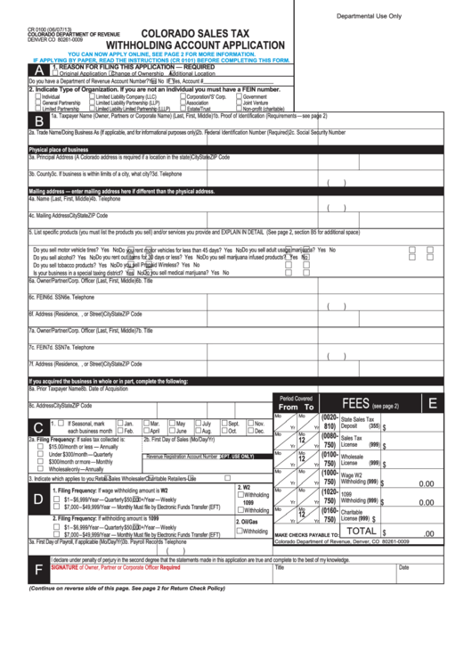 Form Cr 0100 Colorado Sales Tax Withholding Account Application 