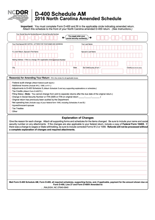 Form D 400 Schedule Am North Carolina Amended Schedule 2016 