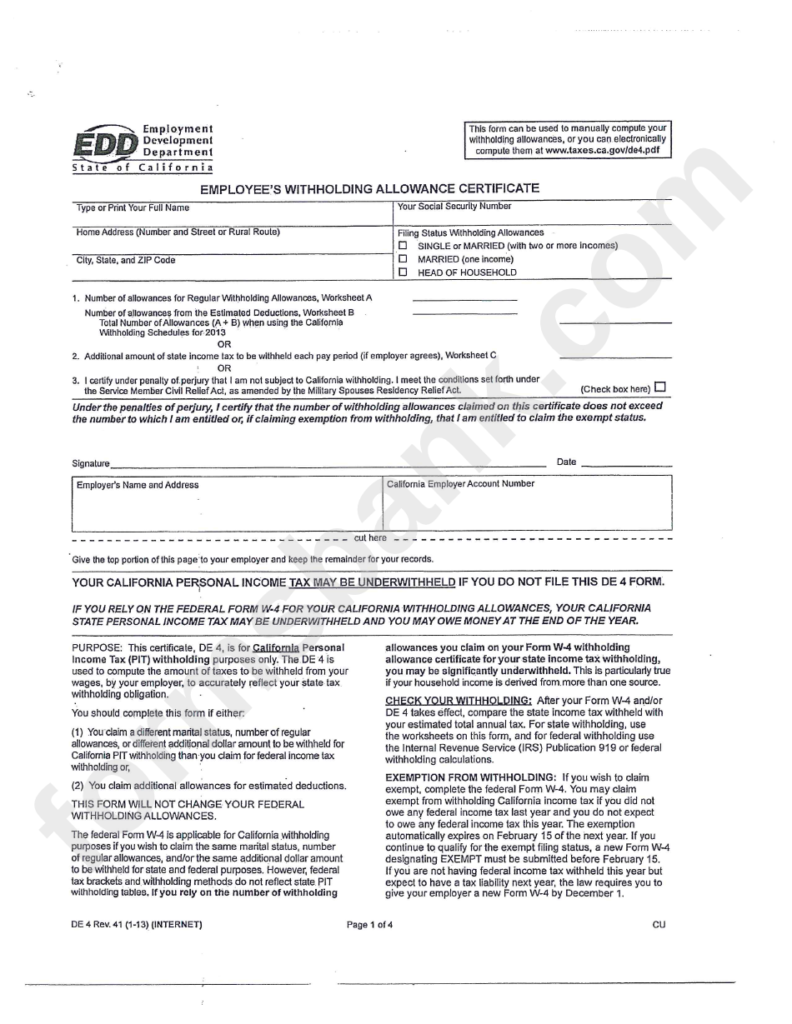 Form De 4 Employee S Withholding Allowance Certificate Employment 