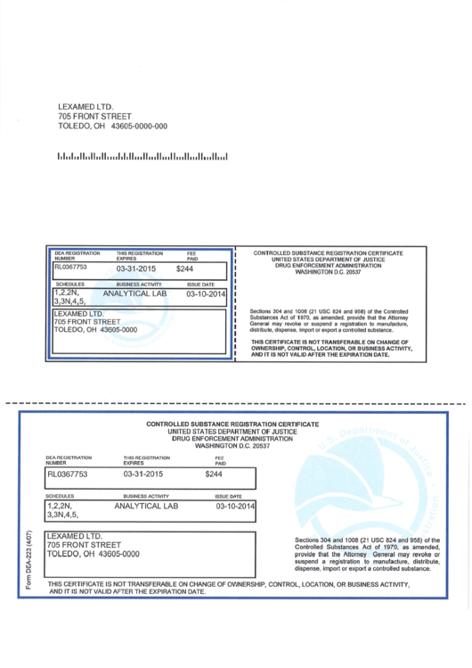 Form Dea 223 Controlled Substance Registration Certificate Printable 