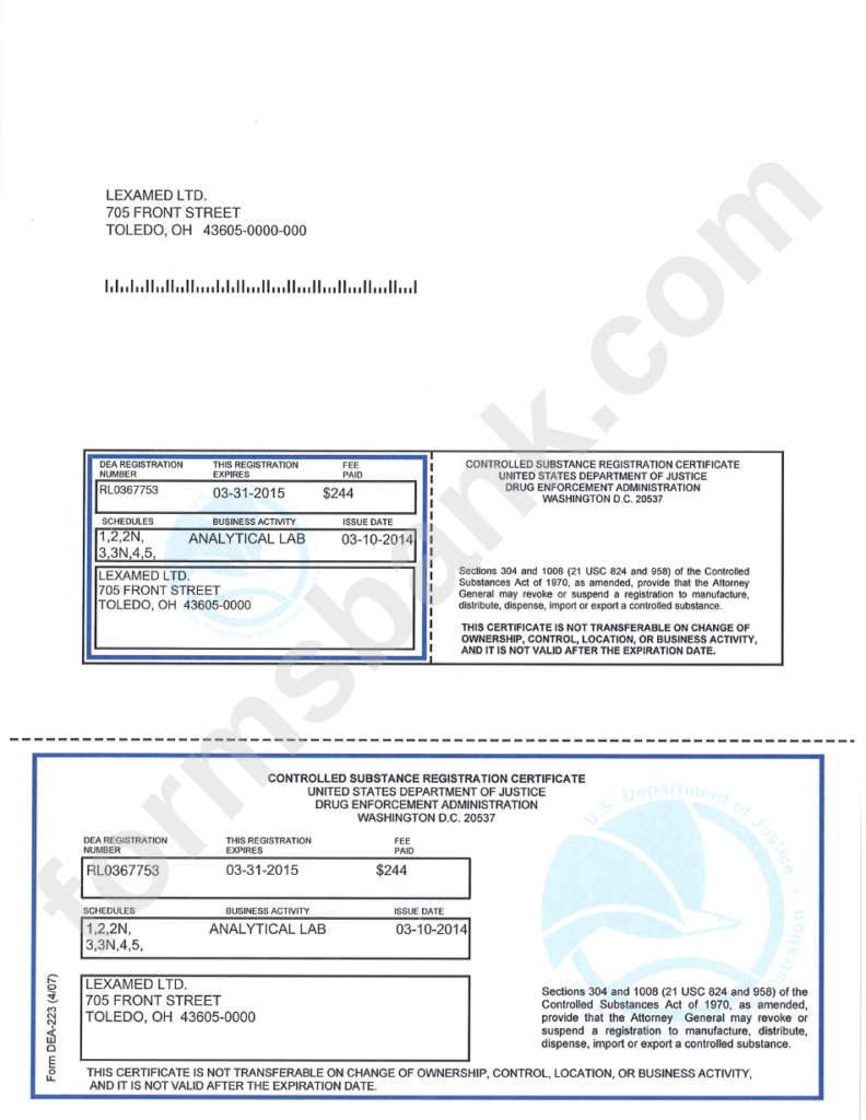 Form Dea 223 Controlled Substance Registration Certificate Printable 