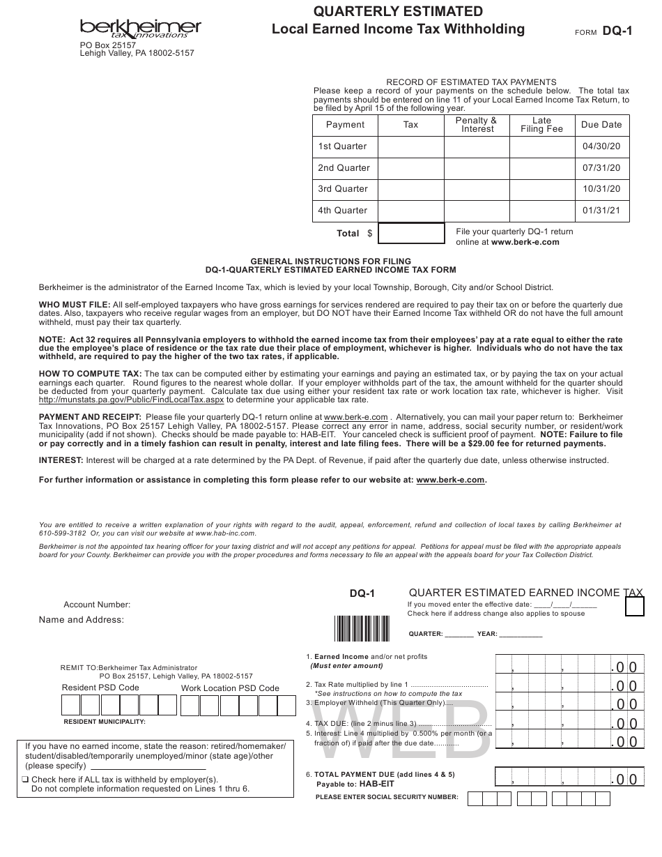 Form DQ 1 Download Fillable PDF Or Fill Online Quarterly Estimated 