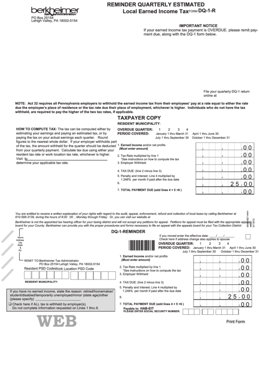 Form Dq 1 R Local Earned Income Tax Printable Pdf Download